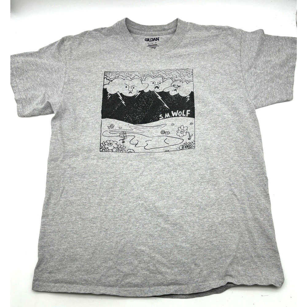 S.M. Wolf Band Merch Rain Storm Graphic Print on Heather Gray Gildan T-shirt L